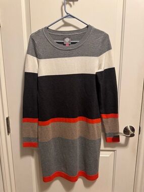 Vince Camuto Gray Black White Orange Striped Knit Dress
